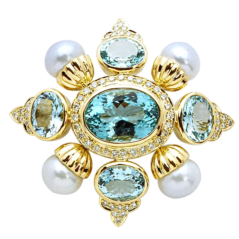 Brooch- Aquamarine, Pearl And Diamond