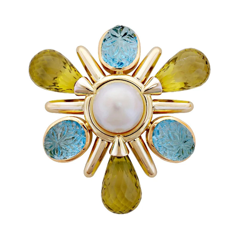 Brooch- Blue Topaz, Lemon Quartz And Pearl