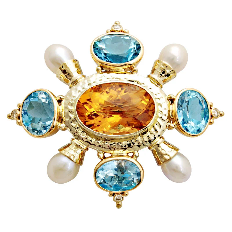 Brooch-Citrine, Blue Topaz, Pearl and Diamond