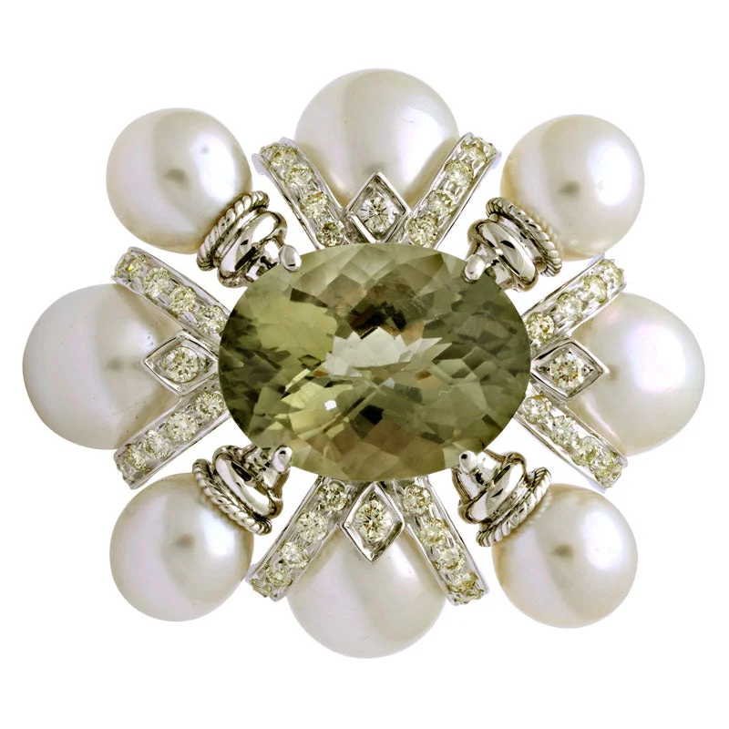 Brooch-Green Quartz, South Sea Pearl and Diamond