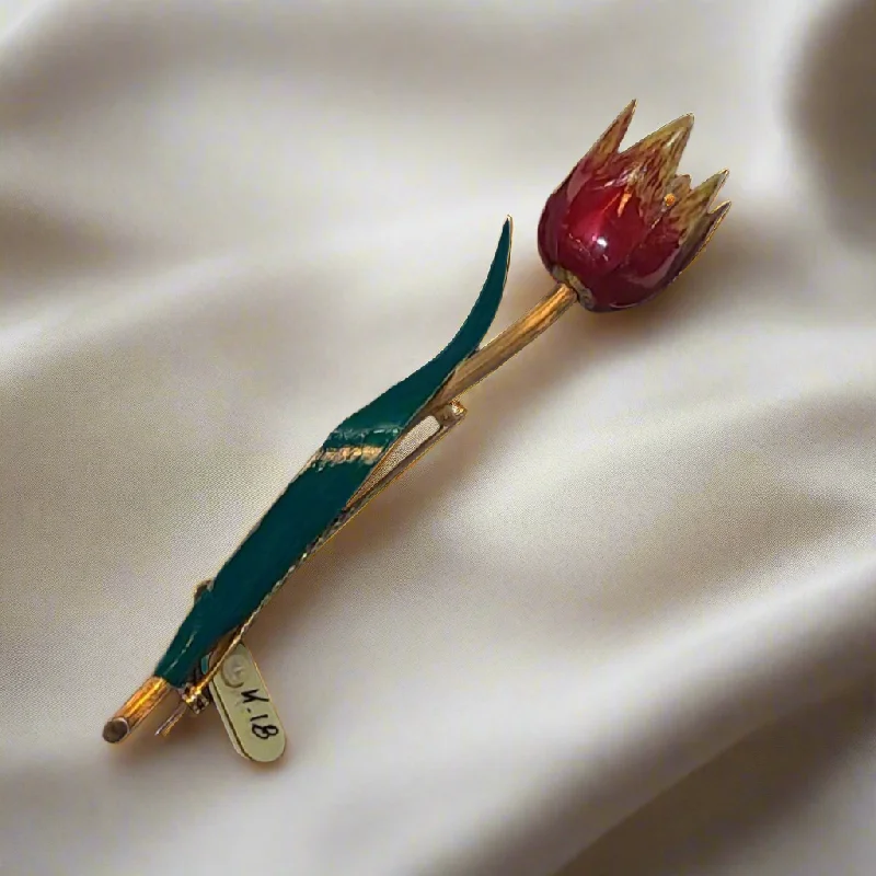 Brooch in 18k gold, tulip brooch, enamel hand painted