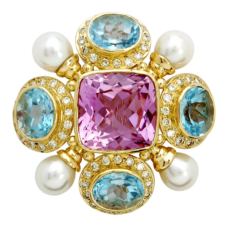 Brooch- Kunzite, Blue Topaz, Pearl And Diamond