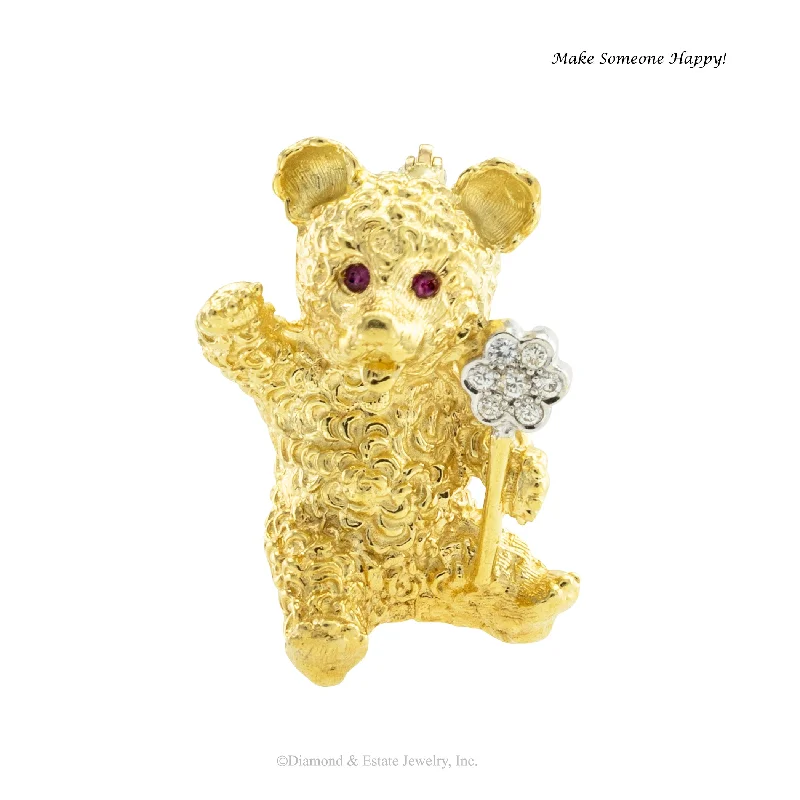 Diamond Ruby Yellow Gold Teddy Bear Brooch