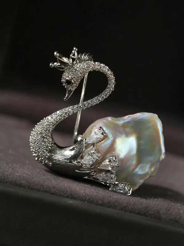 Diamond Swan Baroque Pearl Brooch