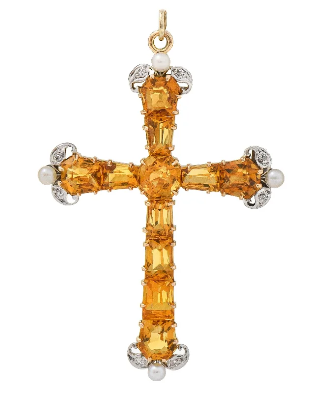 Edwardian 12.04 CTW Citrine Diamond Pearl Platinum 14 Karat Gold Antique Cross Pendant Brooch