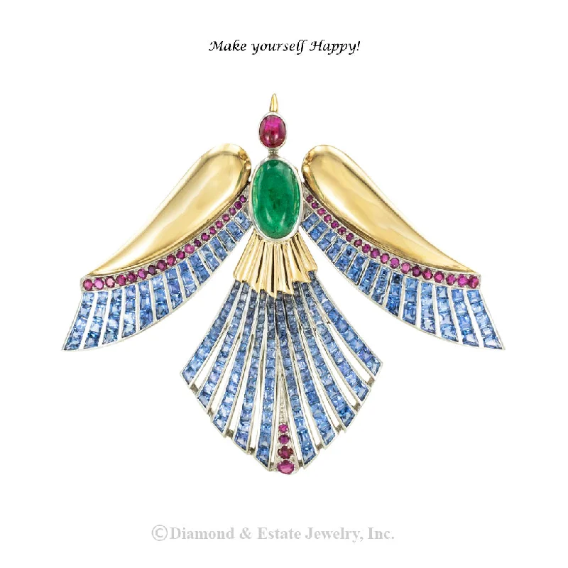 Emerald Ruby Sapphire Gold Phoenix Bird Clip Brooch