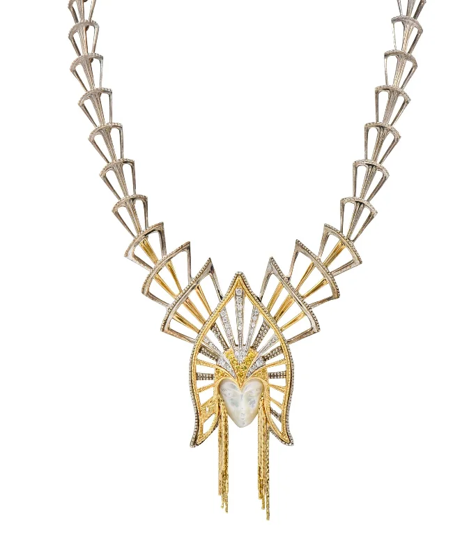 Erté 1980s 1.45 CTW Diamond Yellow Sapphire 14 Karat Gold Silver Mystere Mask Brooch Necklace