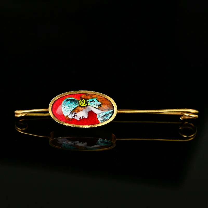 French 14K Gold Safety Pin Enamel Limoges Brooch