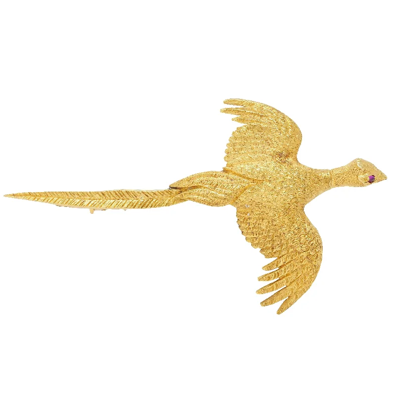 Hermès Paris 1970's Ruby 18 Karat Yellow Gold Vintage Pheasant Bird Brooch