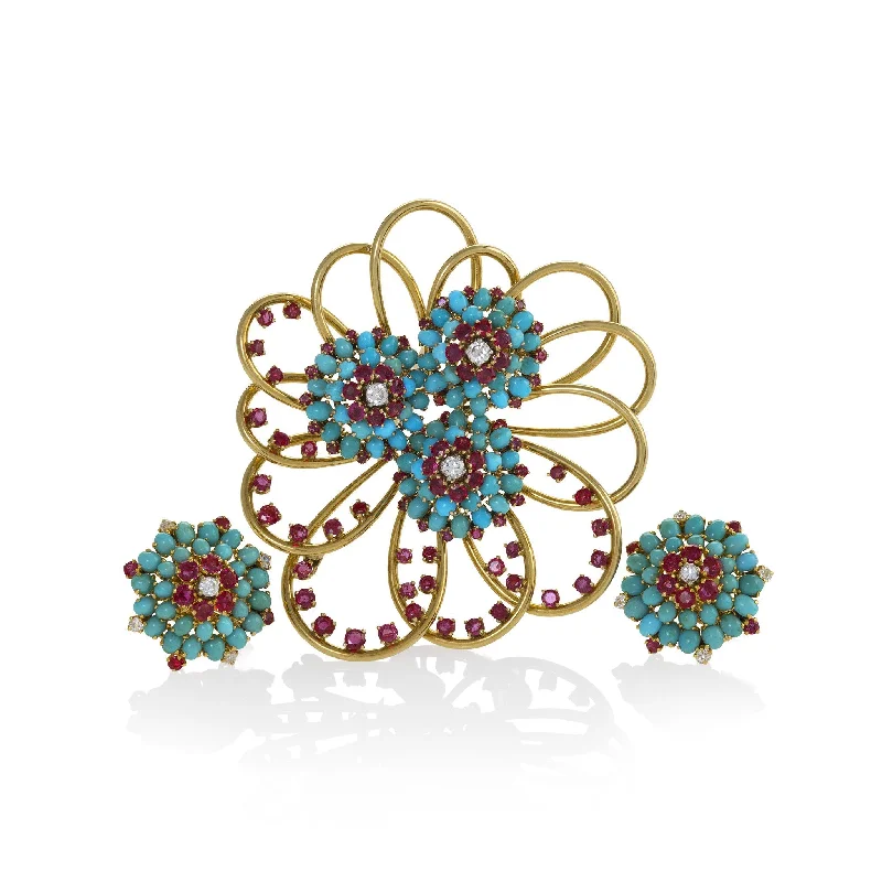 John Rubel Pavé Turquoise and Ruby Brooch and Earrings Suite