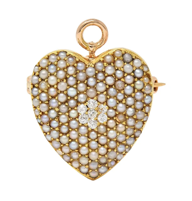 Krementz & Co. Victorian Diamond Pearl 14 Karat Yellow Gold Antique Puffy Heart Pendant Brooch