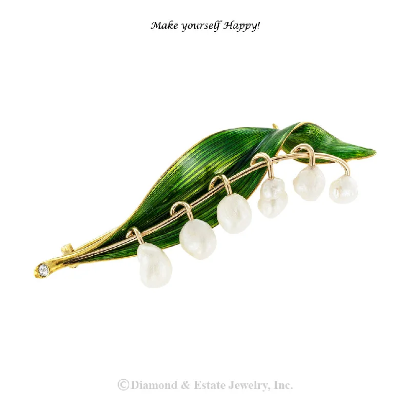 Marcus & Co Lily of The Valley Enamel Gold Pearl Brooch