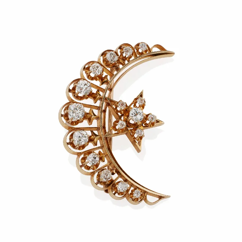 Old Mine-cut Diamond Star and Crescent New Moon Brooch