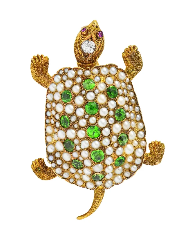 Riker Brothers Art Nouveau Diamond Demantoid Garnet Pearl Ruby 14 Karat Gold Antique Turtle Brooch