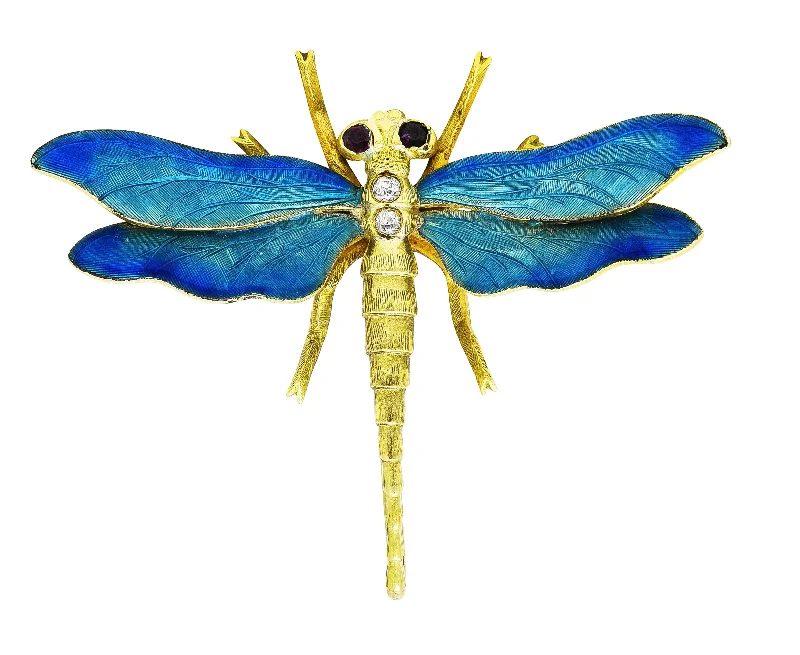 Riker Brothers Art Nouveau Ruby Diamond Guilloche Enamel 14 Karat Gold Dragonfly Pendant Brooch