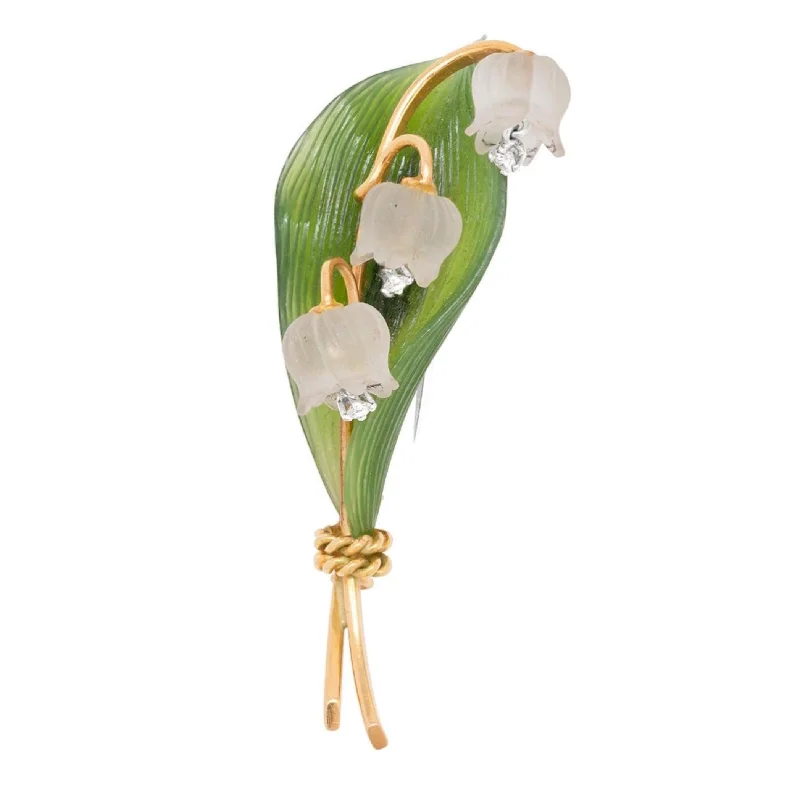 Rock Crystal, Diamond, Nephrite and 18K Gold Lily of the Valley Brooch