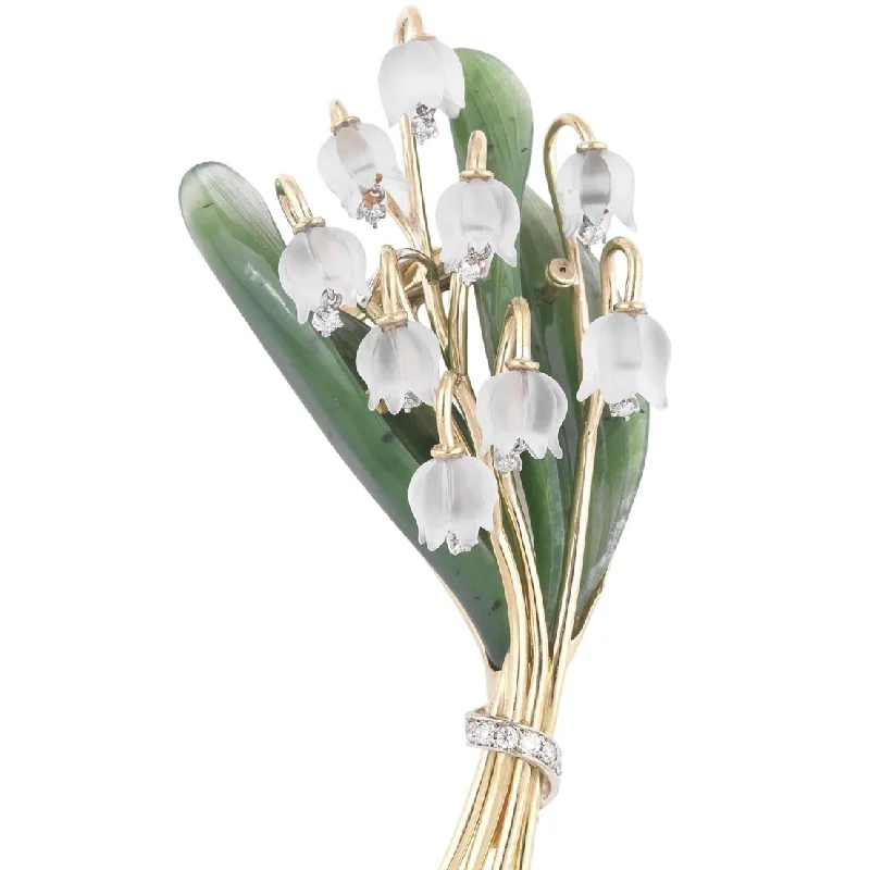 Rock Crystal, Diamond, Nephrite and 18K Gold Lily of the Valley Brooch