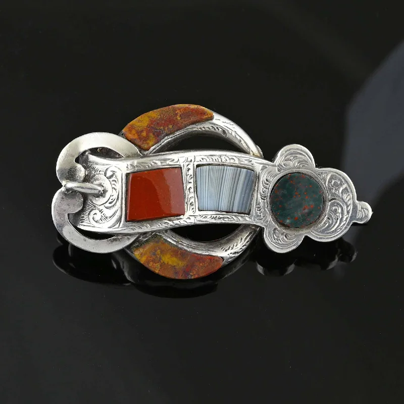 Antique Scottish Agate Silver Buckle Crescent Moon Brooch