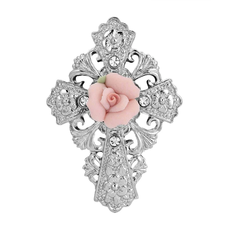 Symbols Of Faith Floral And Crystal Accent Pink Porcelain Rose Cross Pin