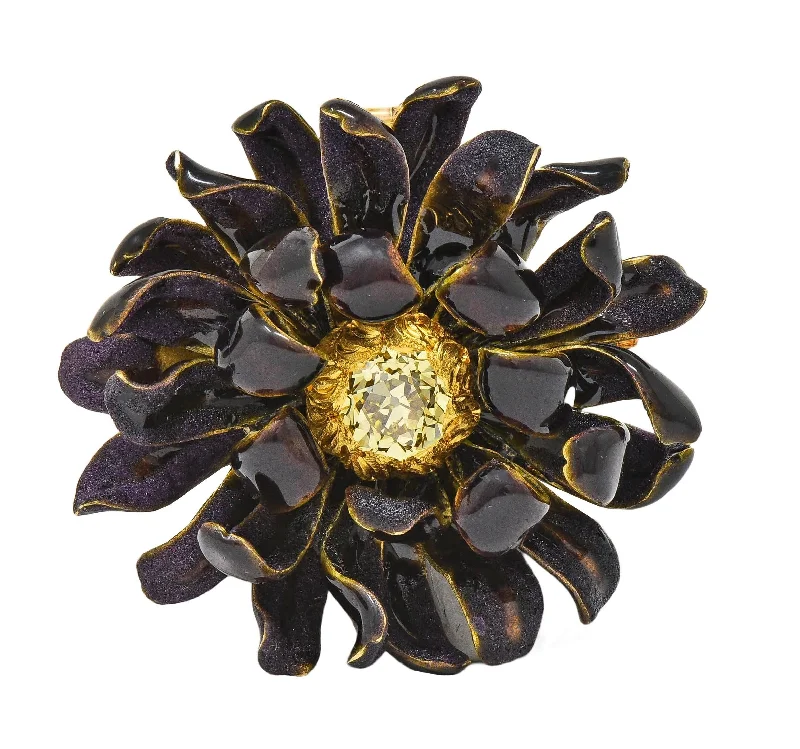 Tiffany & Co. Victorian Fancy Yellow Diamond Enamel 14 Karat Yellow Gold Purple Chrysanthemum Flower Antique Pendant Brooch