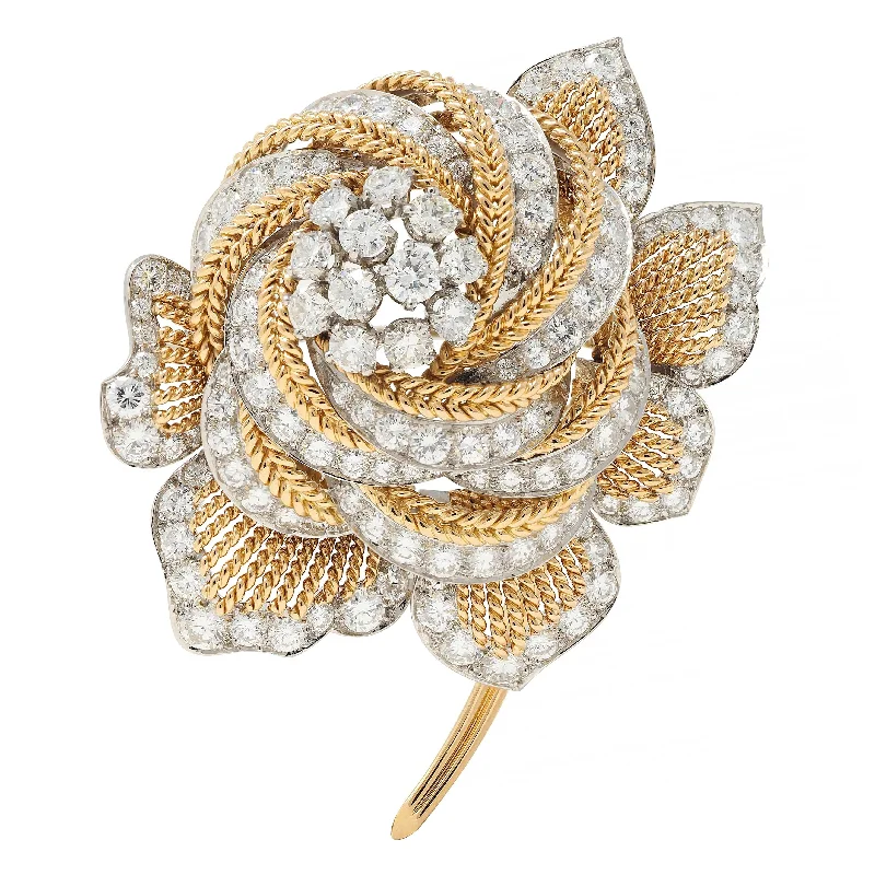 Van Cleef & Arpels Paris 1950's 11.75 CTW Diamond Platinum 18 Karat Gold Vintage Rose Flower Brooch