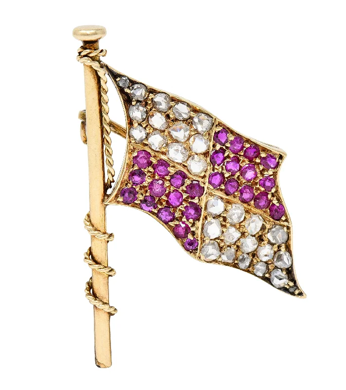 Victorian 1.78 CTW Ruby Diamond 14 Karat Yellow Gold Maritime Flag Antique Brooch