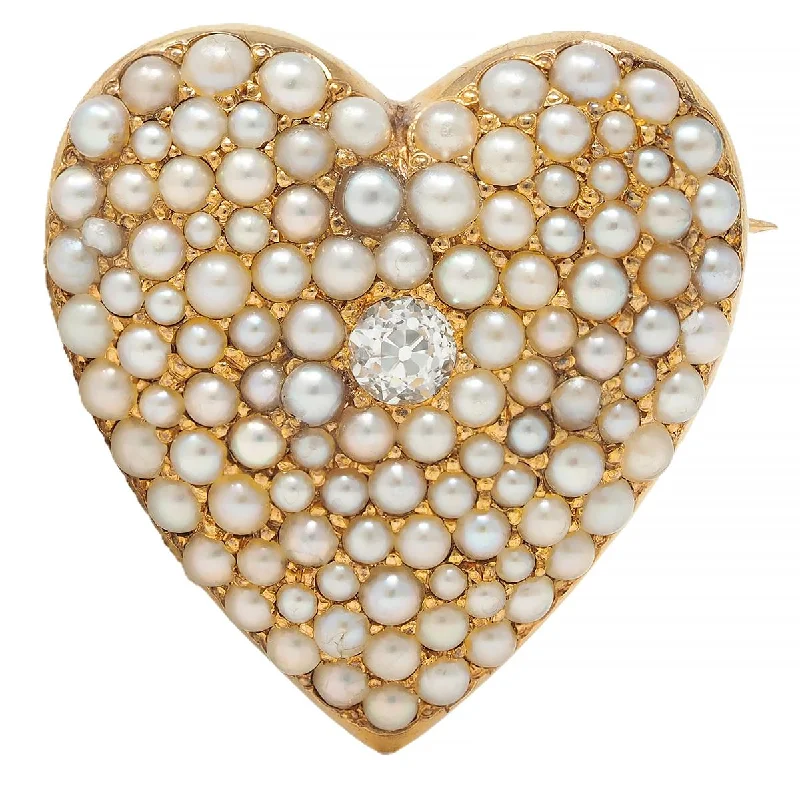 Victorian Diamond Pearl 14 Karat Yellow Gold Antique Heart Pendant Brooch