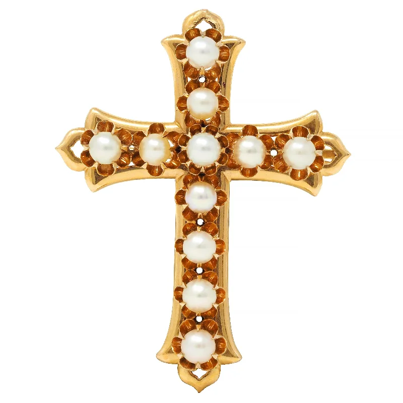 Victorian Pearl 18 Karat Yellow Gold Belcher Set Antique Cross Brooch