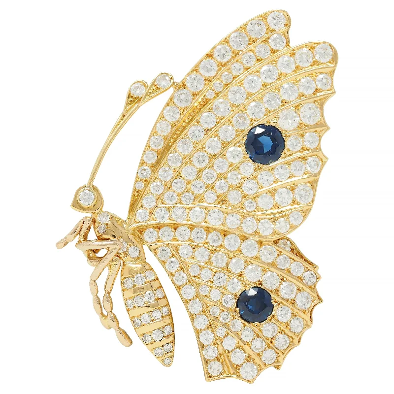 Vintage 6.50 CTW Sapphire Diamond 18 Karat Yellow Gold Butterfly Brooch