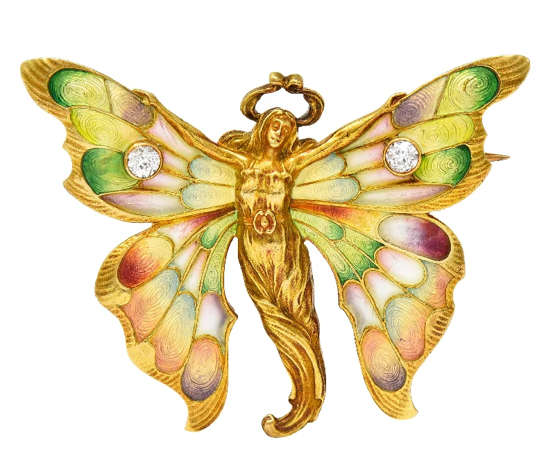 Whiteside & Blank Art Nouveau Plique-a-Jour Enamel Diamond 18 Karat Yellow Gold Fairy Antique Brooch